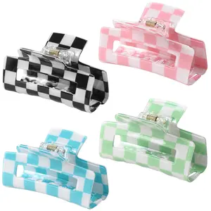 4 Pack 3 Inch colorful Hair Claw Clips for Women, Medium Rectangle Acetate Jaw Clips in Black, Pink,Green, Blue, Stylish Checkered Hair Accessories for Girls