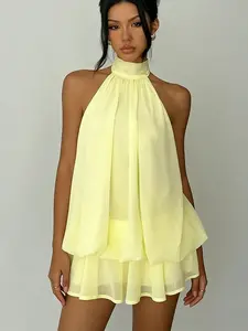 Women's Summer Casual Fashion Halter Tie Back Mini Dress, Slim-Fitting Elegant Sleeveless Dress for Party & Daily Wear Solid Color