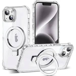 for iPhone 13/14 Case with Magnetic Stand [Compatible with Mag-Safe] [Military Drop Tested] Slim 13/14 Phone Case with Good Grip Curly Wave Edge for Women Men 6.1'', Clear