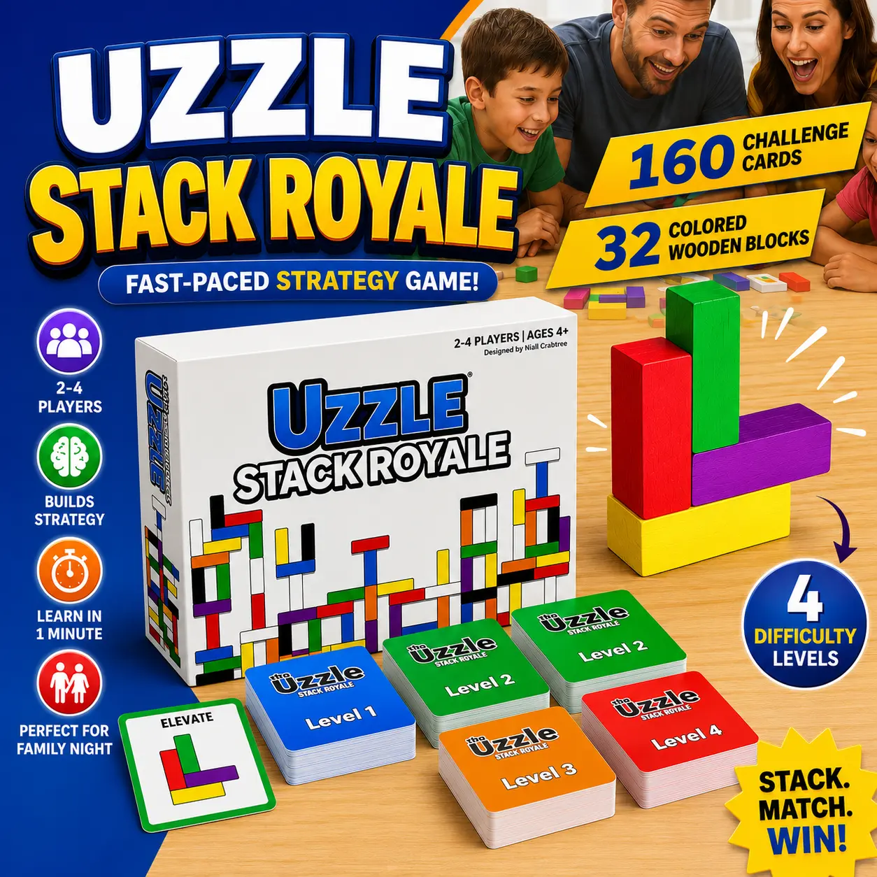 The Uzzle Stack Royale – Fast-Paced Strategy Board Game | Ages 4+ | 160 Challenge Cards | 32 Colored Wooden Blocks | 4 Difficulty Levels Family Game