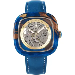Mens Wooden Watches Square Skeleton Mechanical Watch, Automatic Self-Winding, Leather Strap, Multiple Colors