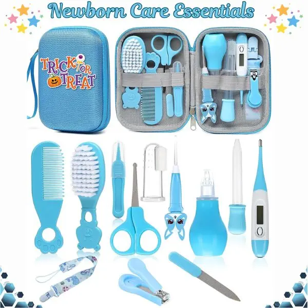 13 in 1 Baby Grooming & Care Kit – Newborn Essentials, Baby Nail Clipper, Hair Brush, Nasal Aspirator & Digital Thermometer, Portable Travel Set, Baby Shower Gift for New Parents