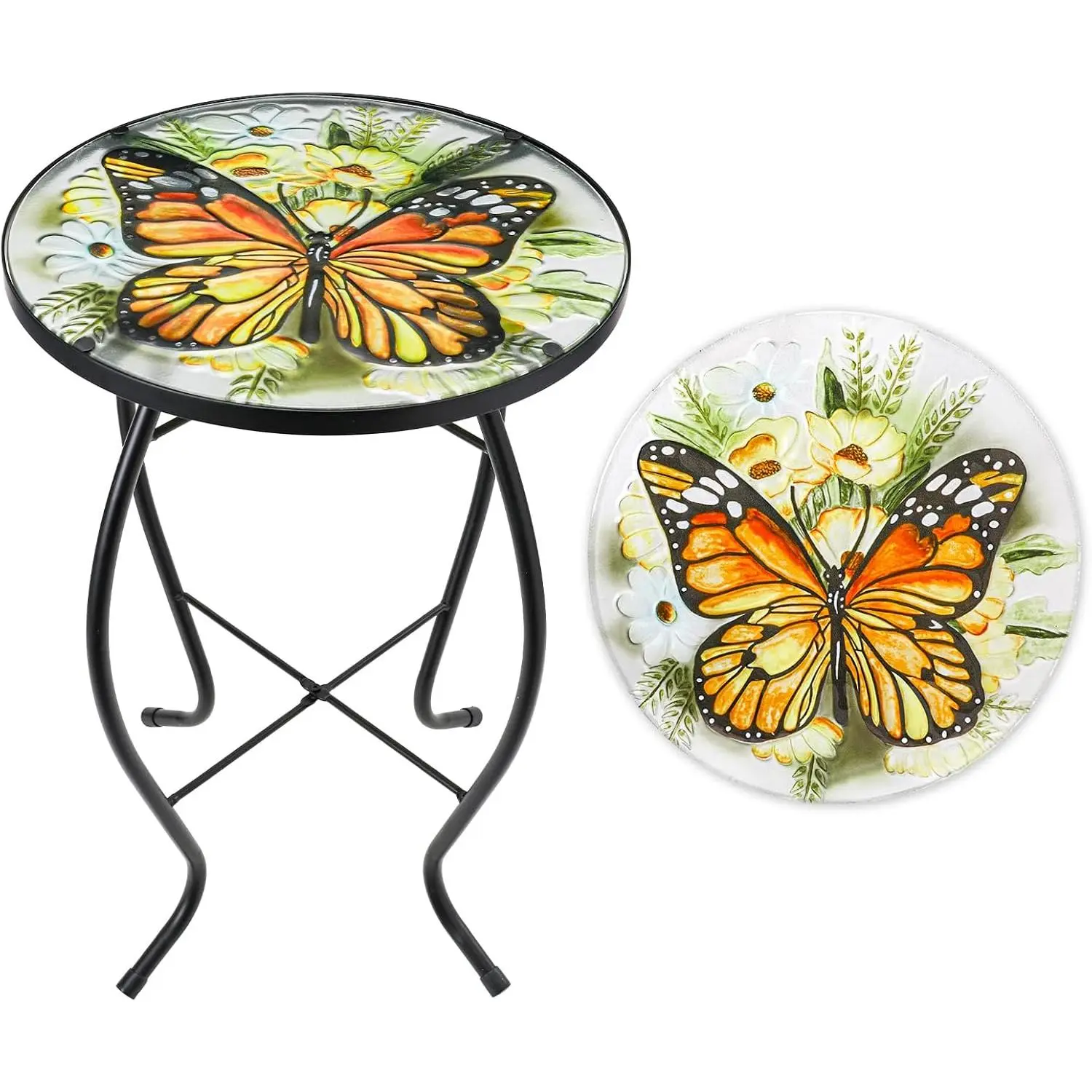 Patio Side Table Outdoor Accent Table Small Mosaic Table Coffee Table End Table Porch Table Indoor Outdoor Round Glass Balcony Bistro Plant Stands Yellow Butterfly 14 inches