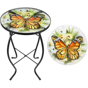 Patio Side Table Outdoor Accent Table Small Mosaic Table Coffee Table End Table Porch Table Indoor Outdoor Round Glass Balcony Bistro Plant Stands Yellow Butterfly 14 inches