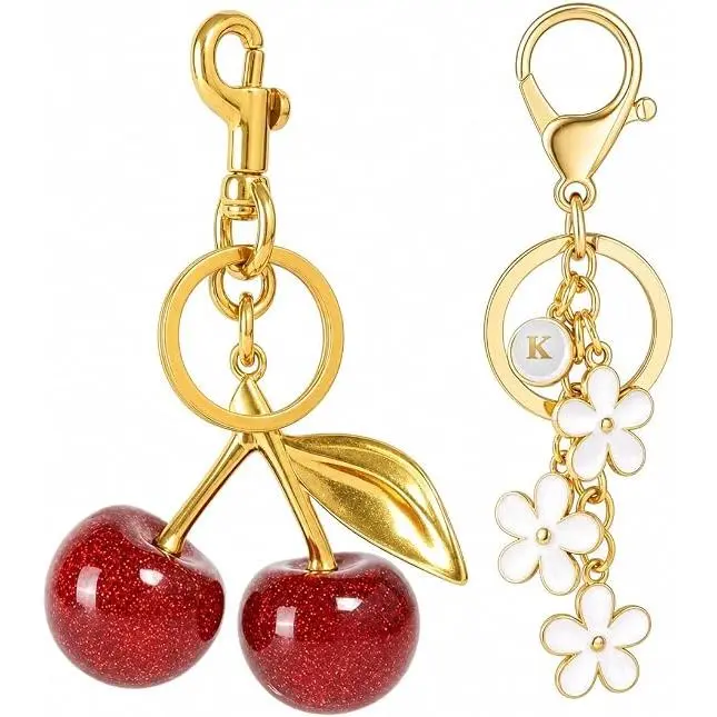 Veliora Gift B 2PCS Cherry Initial Keychain Set for Women A-Z Letter Bag Charm White Flower Purse Accessory Fruit Keyring Gift