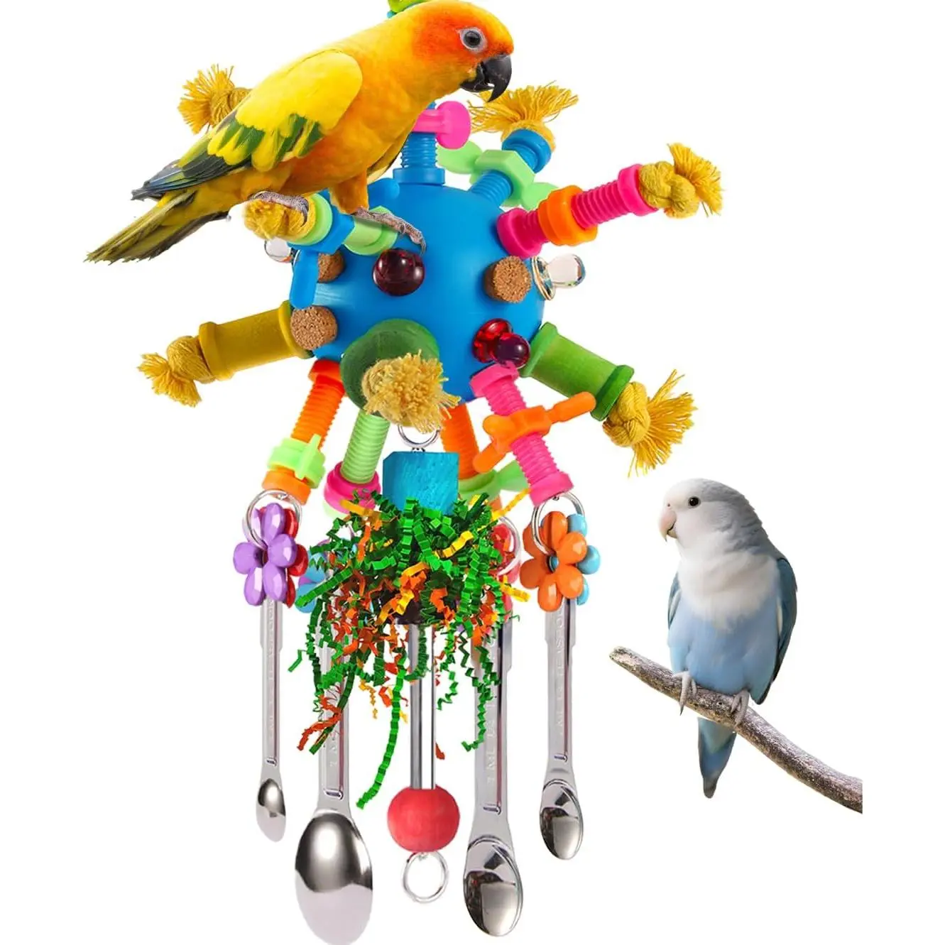 Parrot Toys Bird Toys Perch Pullable Stainless Steel Spoons Colorful  Stick  Toys for s Mini Macaws  Greys Cockatoos Conures, Cockatiels, Lovebirds, Parrotlets and Other (blue)