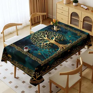 1 Piece Polyester Tablecloth, Multi - Specs, Multi - Color with Golden Tree of Life Pattern, Thickened, Waterproof, Oil - Proof, Washable, for Home & Outdoor Use, Teal Dining Tablecloth with Golden Accents, Decorative Table Cover for Dining Area