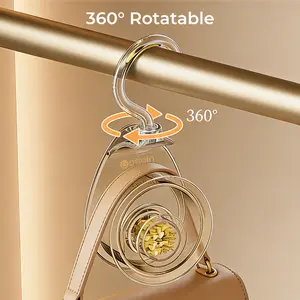 UFORU Transparent acrylic handbag hangers featuring replaceable floral-scented aromatherapy inserts. These heavy-duty, durable hooks are gentle on your bags, leaving no indentations or marks, and help save valuable closet space.