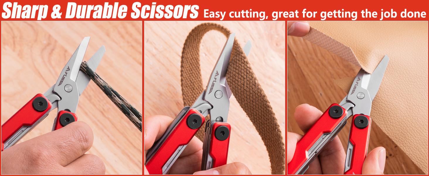 #backtoschool FLISSA Multitool Scissors, 11-in-1 Multi Tool Pocket Knife, Stainless Steel Mini Multitool with Bottle Opener, Screwdriver, Aluminum Handles, Spring - EDC for Outdoor, Camping, Hiking, Fishing, Red