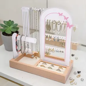 Modern Pink Butterfly Acrylic Jewelry Organizer Stand with Wood Base, Earring, Necklace, Bracelet and Ring Storage Tray