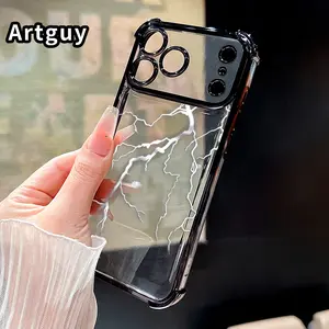 Electroplated Four Corner Anti-Fall White Lightning Pattern Phone Case for iPhone 17 16 Pro Max 15 Plus 14 13 12 11 Air E Shockproof Transparent Protective Cover