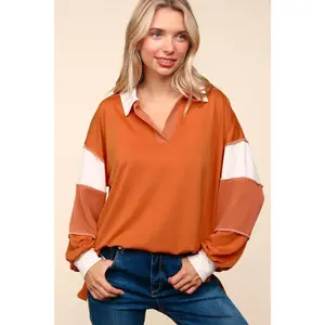 Haptics Color Block Exposed Seam Long Sleeve Top