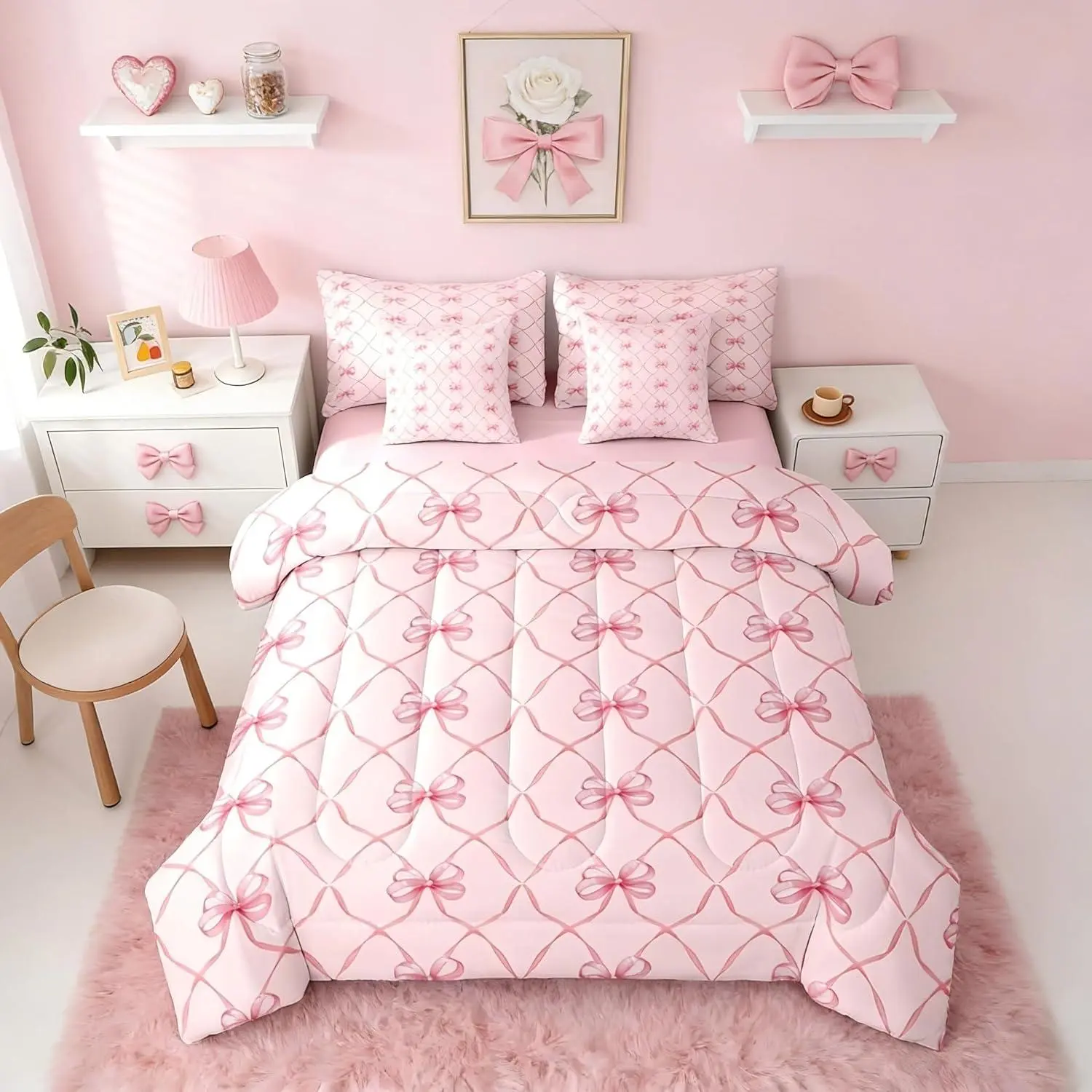 Feelyou 7-Piece Soft Pink Aesthetic Bow Bedding Set - Cozy Toddler Girl Bedding for Pink Bedroom Cozy Setup, Bedsheet Sets, Includes Comforter, Flat Sheet, Fitted Sheet, Ribbon Butterfly Knot Bag, Christmas, Toddler Girl Bedding Set