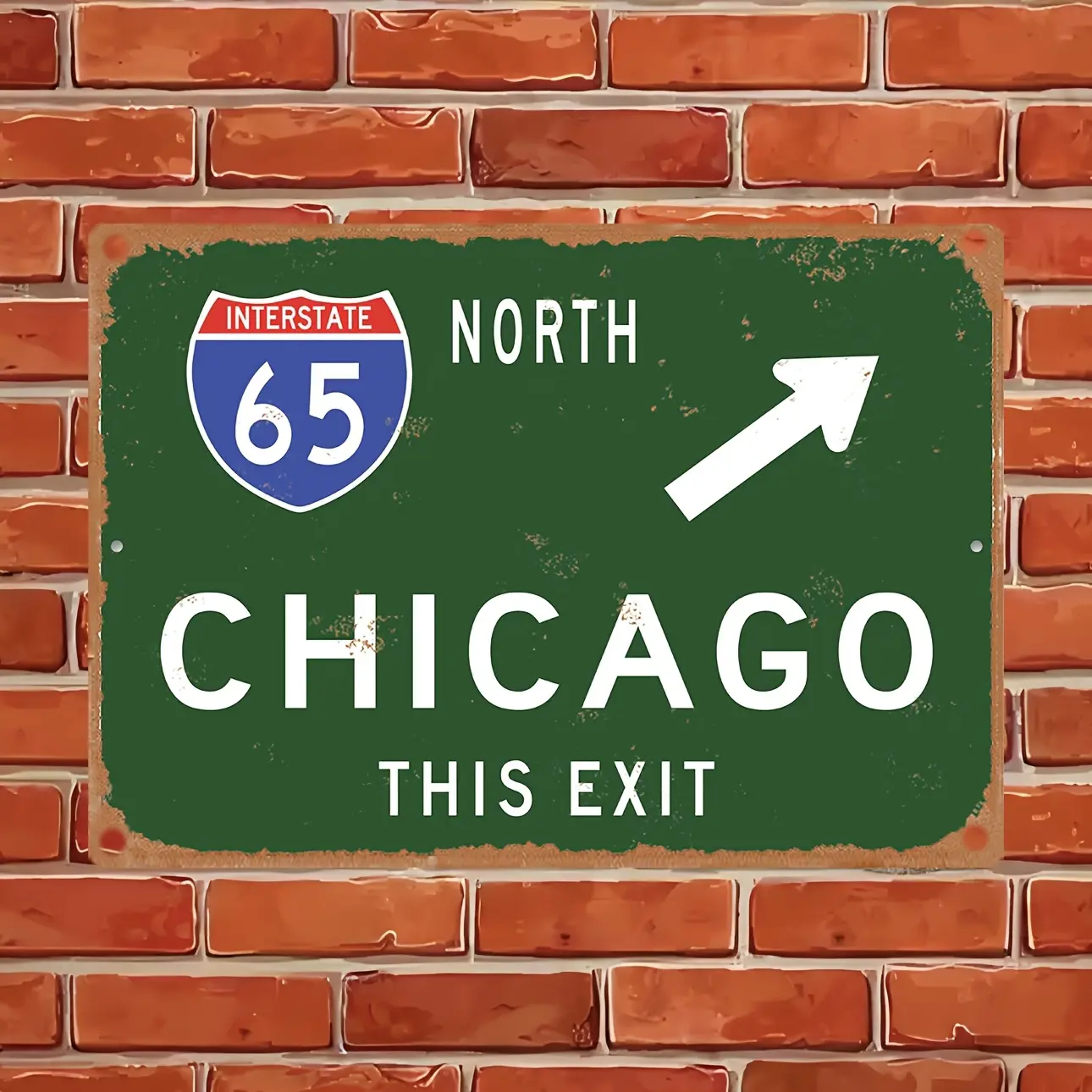 Vintage Chicago "THIS OUT" Interstate 65 North Metal Sign |   8x12 Ft Large Rustproof Iron Wall Art |   Distressed Design for Garden, Garage, Café & Bar |   Easy-Hang Indoor/Outdoor Decor