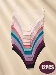 Women's 12pcs Solid V-neck Panty, Breathable Comfy Seamless Knicker for Daily Wear, Ladies Underwear for All Seasons, Seamless Panties Set