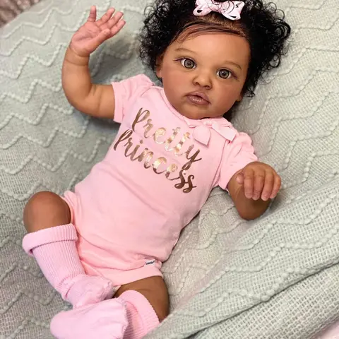 20" Reborn Baby Doll Set 20h108-002 - Lifelike Realistic Newborn Dark Skin Unisex Cuddly Doll with Implanted Curly Hair, Pink Outfit, Headband, Pacifier, Birth Certificate, Stuffed Figure, Gorgeous Toy for 3-4Yr Christmas Gift