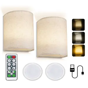 Battery Powered Wall Light Set, Rechargeable Wall Lamp with Remote Control, Dimmable Warm White Adjustable 3 Color Fabric Wireless Wall Light, Timer Included