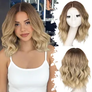 Short Wavy Wig for Women Ombre Brown Lace Hairline Wig Bob Style Synthetic Heat Resistant - Natural Appearance for Everyday Hairstyle 14 Inch