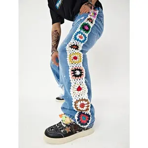 Floral Crochet Baggy Jeans Ripped Distressed Jeans Hip Hop Leg Denim Pants Streetwear(Sheet)