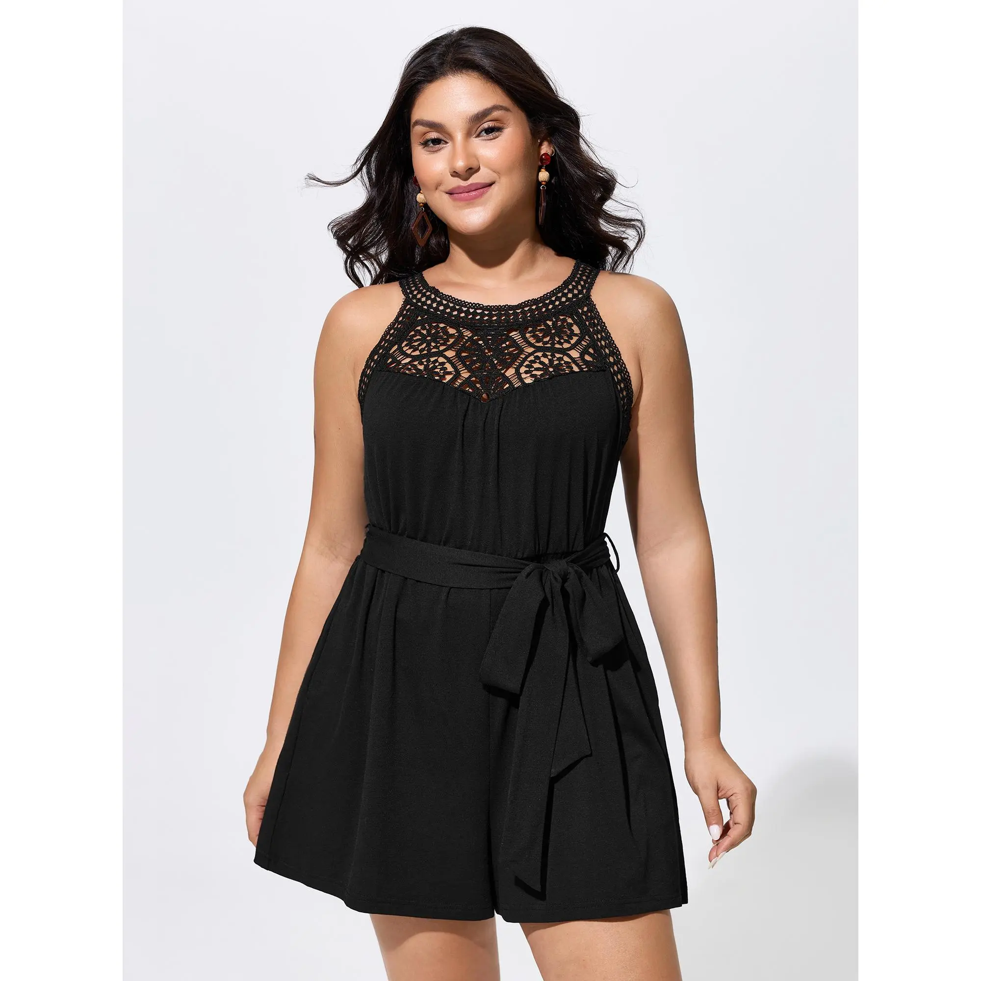 BloomChic Women's Plus Size Boho Romper, Short Polyester Spandex Jumpsuit with Sheer Lace Neckline, Tie-Waist and Pockets,Summerfinds