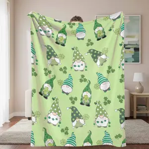 St Patrick Gnome Flannel Blanket Green Shamrock Clover Print Pattern Soft Warm Cozy Lightweight Reversible Sofa Bed Couch Throw Perfect for Home Decor Living Room Holiday Gift Office Use