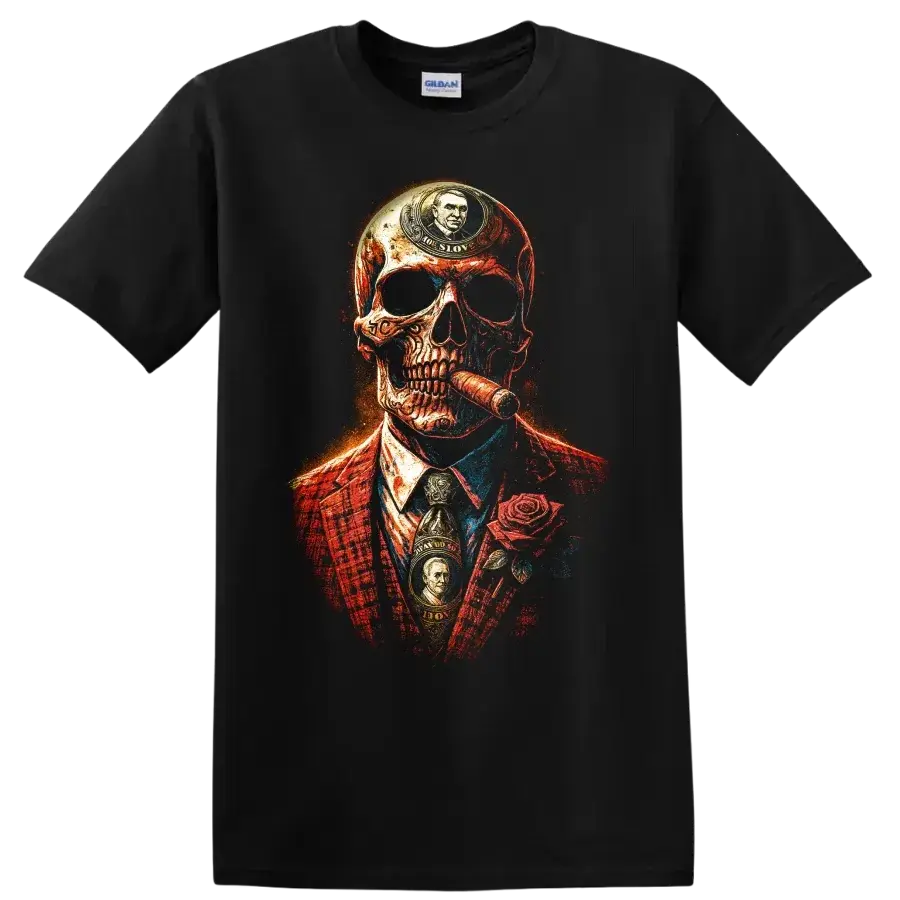 Skull Gangster Shirt, Smoking Cigar Skull T-Shirt, Gothic Mobster Boss Graphic Tee, Money & Rose Suit Apparel, Edgy Streetwear Gift for Him