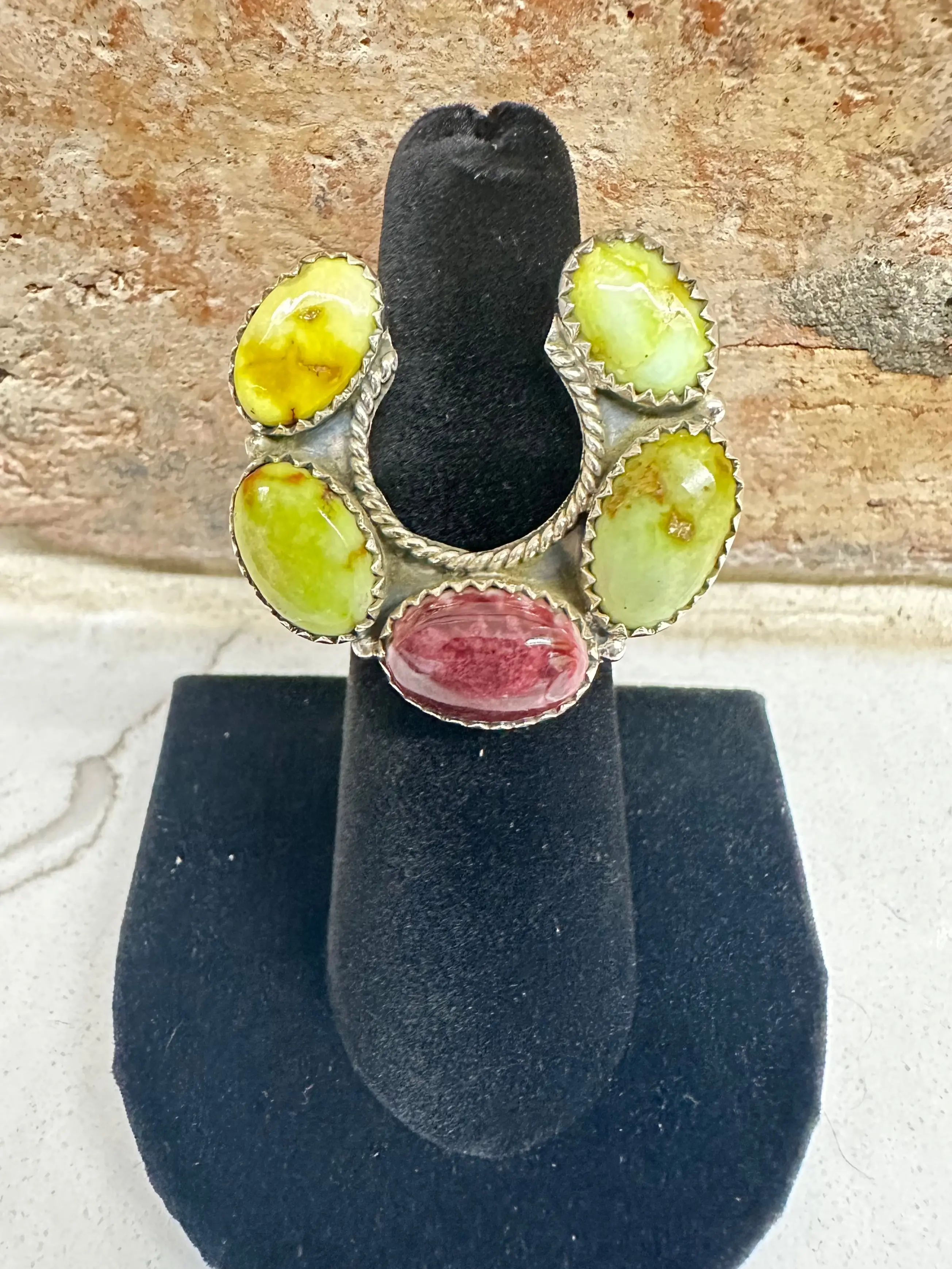 Bohemian Unisex Sterling Silver Ring #243e, Palomino Accent, Spiny Oyster Shell Inlay, Size 6 Adjustable Sterling Silver Ring, Size 6 Adjust.