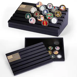 Military Challenge Coin Display with engraved flag and Storage in Black for collectors
