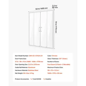 VEVOR Semi-frameless Shower Door, 57.8-59 Wx 70 H in, Double Sliding Glass Door with 1/4 in(6mm) Clear Tempered Glass, Waterproof Shatterproof NANO Stainproof with Stainless Steel Hardware, Chrome
