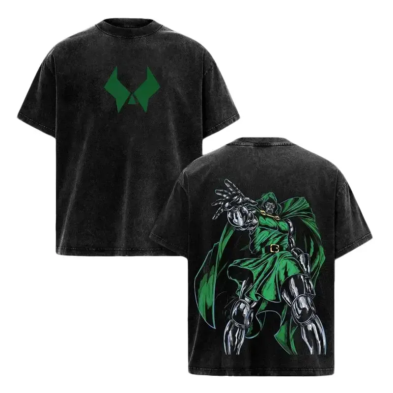 Men's Doctor Doom Graphic Short-Sleeve T-Shirt - Vintage Washed Oversized Heavyweight Cotton Unisex Crewneck, Green Cloaked Armored Comic Villain Graphic Shirts, Retro Gothic Dark Fantasy Streetwear, Comic Fan Collector Gift, Doctor Doom Graphic Men's Sho