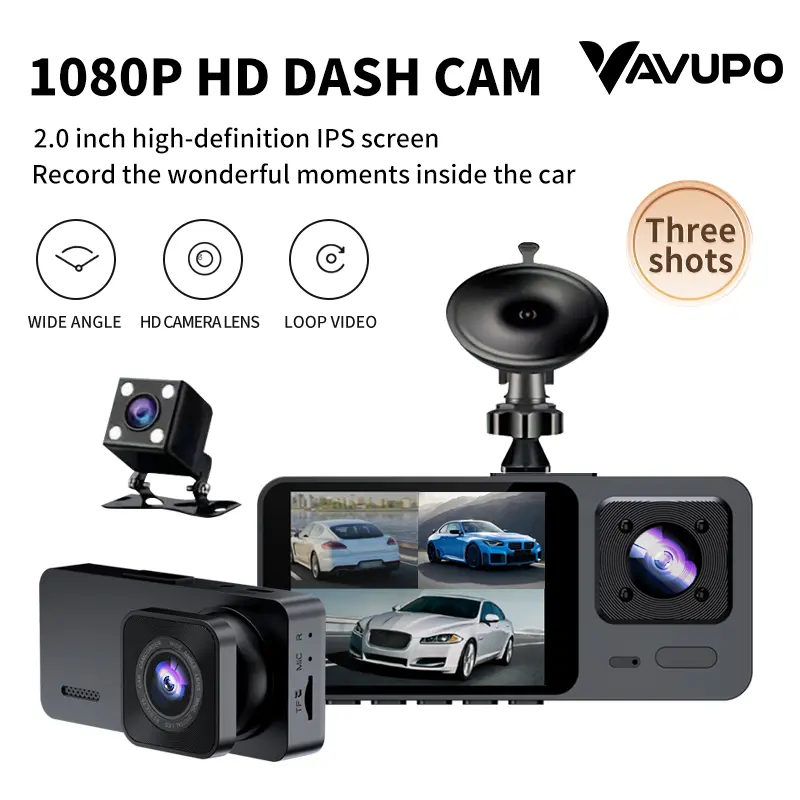 1080P Three Camera, Dash Cam For Cars, Front And Inside And Rear, Car Camera With IR Night Vision, Loop Recording, Wide Angle Car DVR Camera With 2.0 Inch IPS Screen, Three Lens Car Dashboard Video Cam