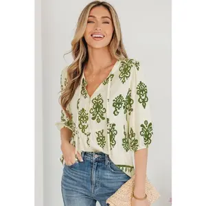 Boho Abstract Tie V-Neck Puff Sleeve Shirt