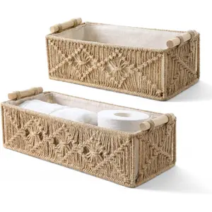 Mkono Macrame Storage Baskets Boho Decor Box Handmade Woven Decorative Countertop Toilet Tank Shelf Cabinet Organizer for Bedroom Livingroom Home, Set of 2, Brown