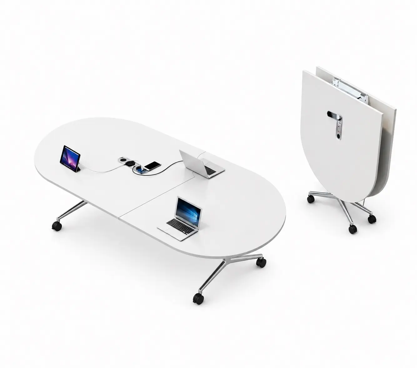 SLEEKS 8ft Folding Conference Table with Wheels, Large Oval Office Meeting Desk for 8-10 People, Space-Saving Mobile Training Table with Locking Casters and Durable Wood Top for Business Seminars