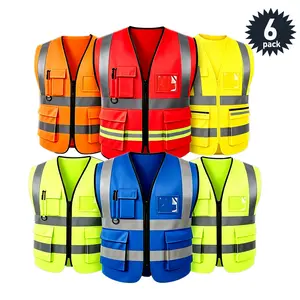 6 Pack High Vis Polyester Supervisor Safety Vests, Compliant with ANSI/ISEA Standards Zipper Reflective Work Vests with Hook-and-Loop Pockets, US Sizes Ideal for construction sites, traffic control, warehouse operations and airport staff.