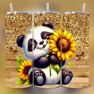 Panda Bear with Sunflowers  20 oz Tumbler - BPA Free, stainless steel, Leak proof, durable, with clear lid