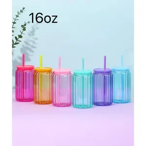 6-pack 16-ounce hot sublimation glass cups, with striped colorful design plastic lids, splash-proof and upright bodies, suitable for iced coffee, milk, and juice, can be given as gifts.