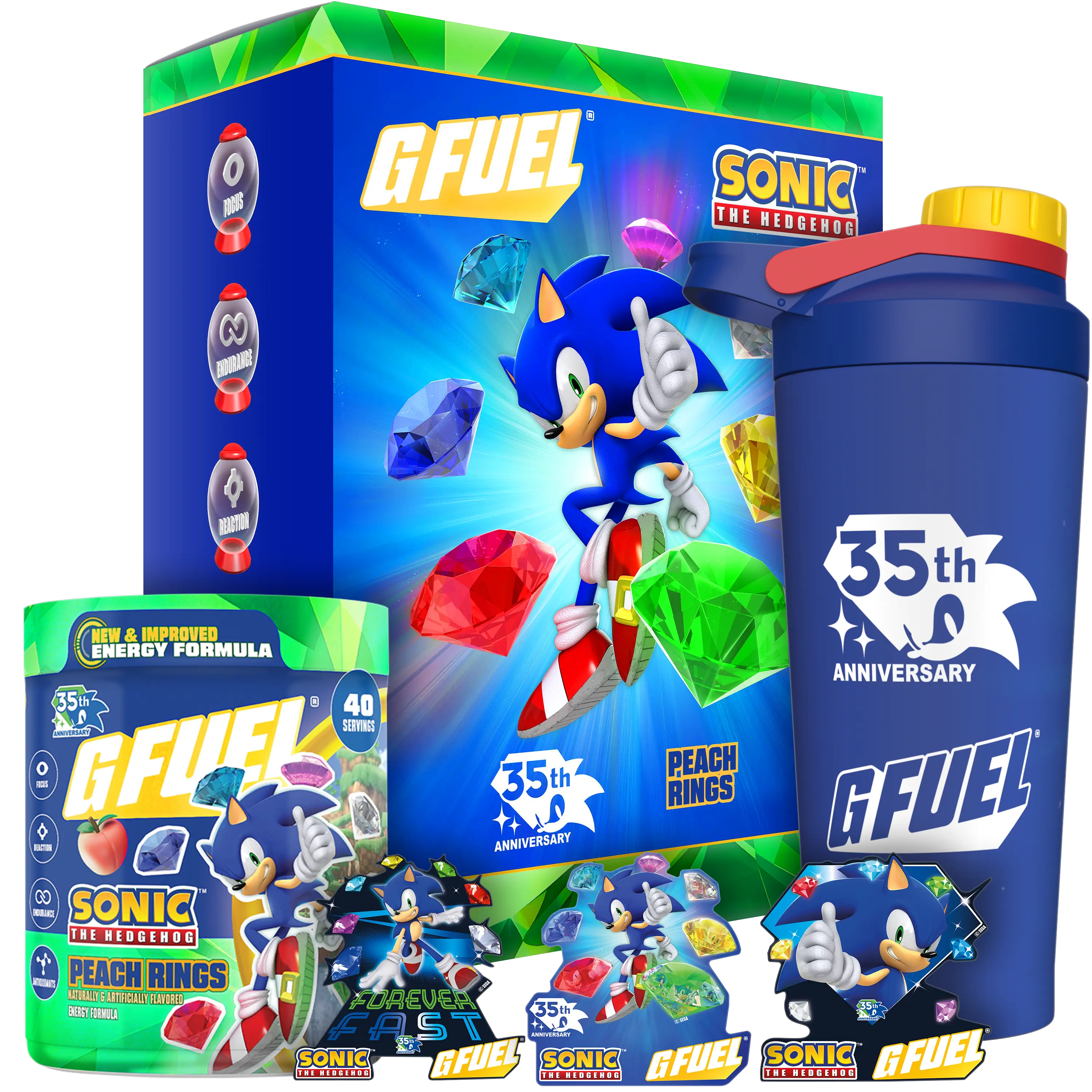 G FUEL Energy Formula | Sonic's Peach Rings 35th Anniversary Collector's Box | Peach Ring Candy | 40 Serving Tub and Custom Metal Sipper