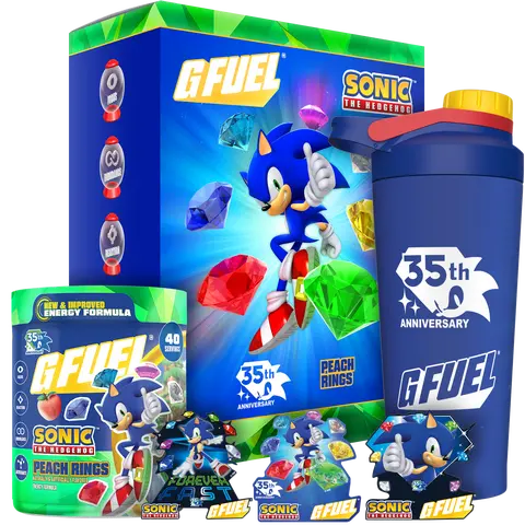 G FUEL Energy Formula | Sonic's Peach Rings 35th Anniversary Collector's Box | Peach Ring Candy | 40 Serving Tub and Custom Metal Sipper