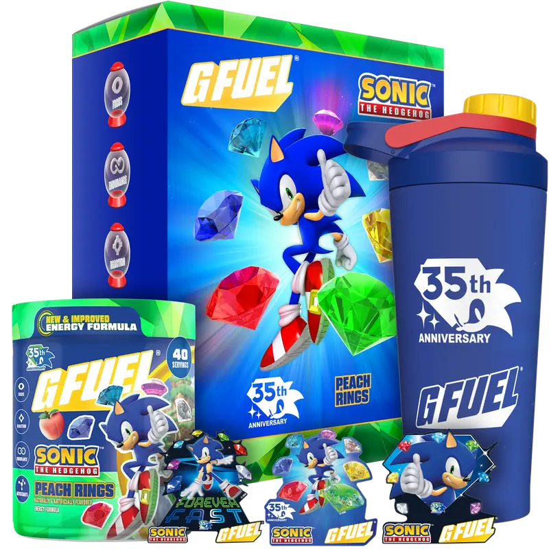 G FUEL Energy Formula | Sonic's Peach Rings 35th Anniversary Collector's Box | Peach Ring Candy | 40 Serving Tub and Custom Metal Sipper
