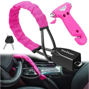 Thinklearn Steering Wheel Lock with Safety Hammer Key Lock Anti-Theft Device Pink Universal Fit for Most Vehicles