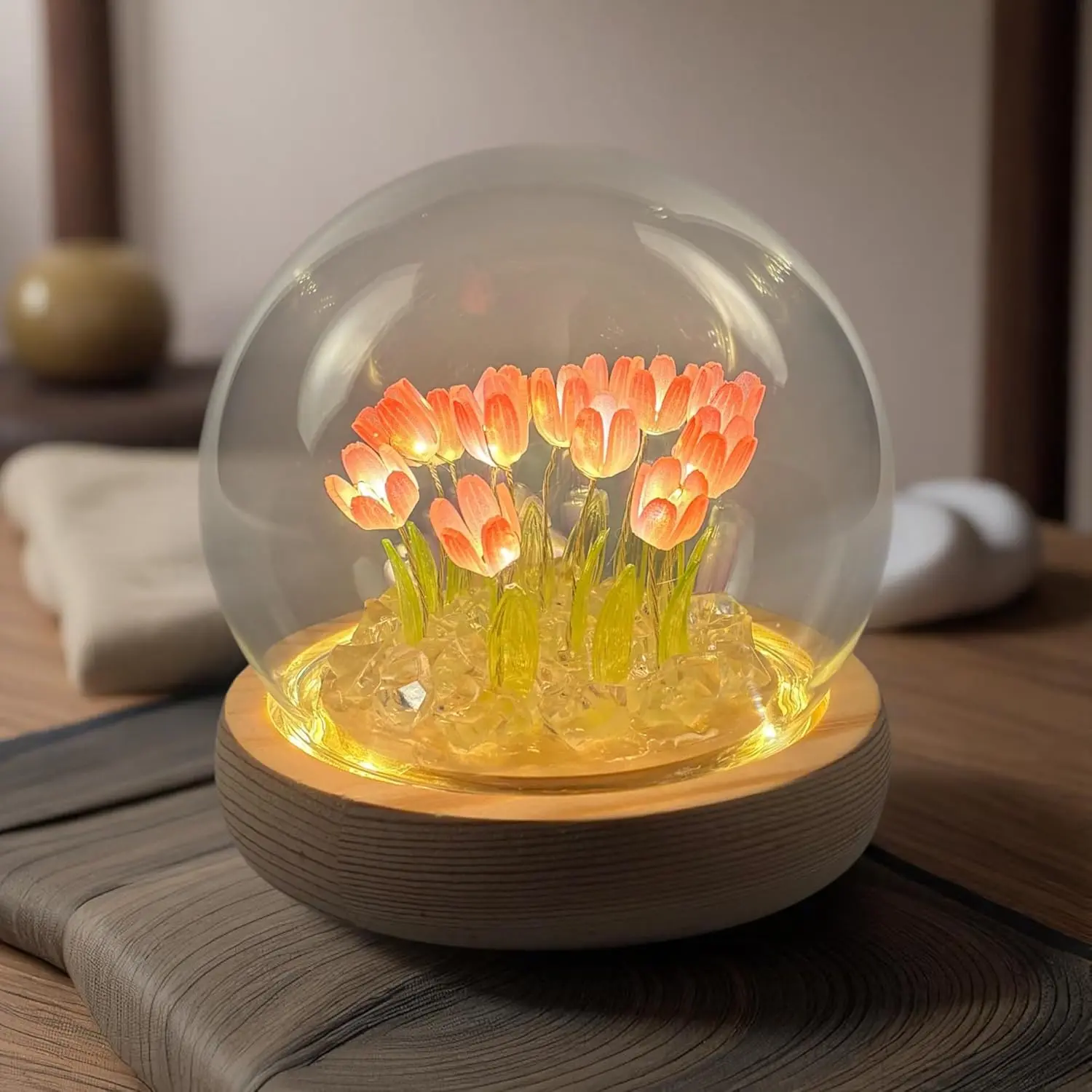 Lamp Glass Globe - Illuminated Flower Lamp with Glowing Blooms on Wooden Base - - Decorative Night Light for Bedroom, Living Room &  Decor