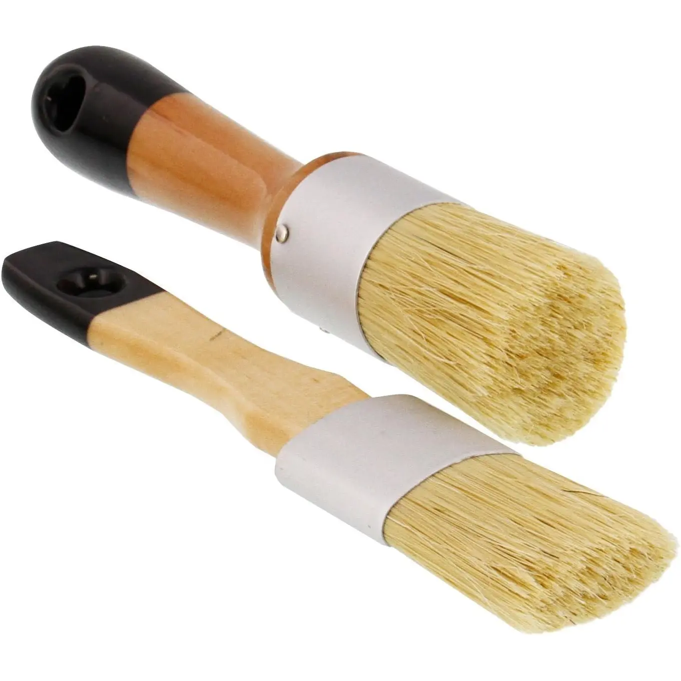 2-Piece Multi Use Oval and Round Chalk, Wax and Stencil Brushes for Chairs, Dressers, Cabinets and Other Wood Furniture - 100% Natural Bristles, Lightweight and Rust Resistant