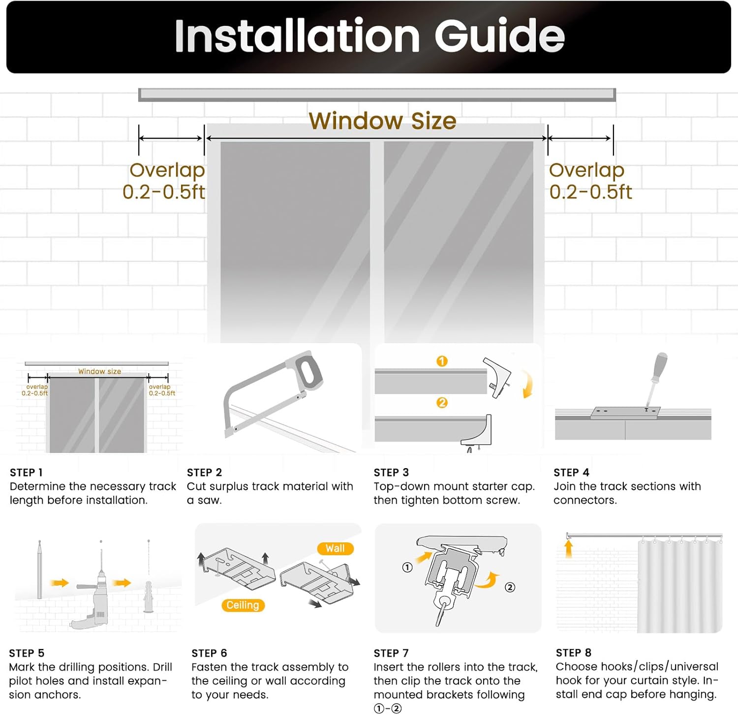Inovaday Ceiling Curtain Track Heavy Duty Tracks Ceiling/Wall Mount Sliding Room Divider Silent Rail with 3 Types of Hooks for Living Room,Bed Room,Bathroom