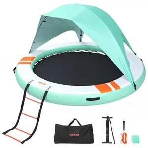 【FathersDayGift】VEVOR Inflatable Floating Dock, 8 FT Round Inflatable Dock Platform, Non-Slip Water Floating Dock Mat with Portable Carrying Bag & Detachable Ladder, Floating Platform Island Raft for Pool Beach Ocean