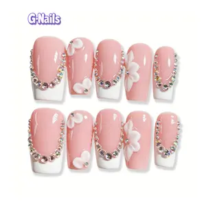 G-Nails A83 10pcs Handmade Press On Nails Reusable Medium Square Nails with Rhinestones & 3D Floral Design Premium Craftsmanship
