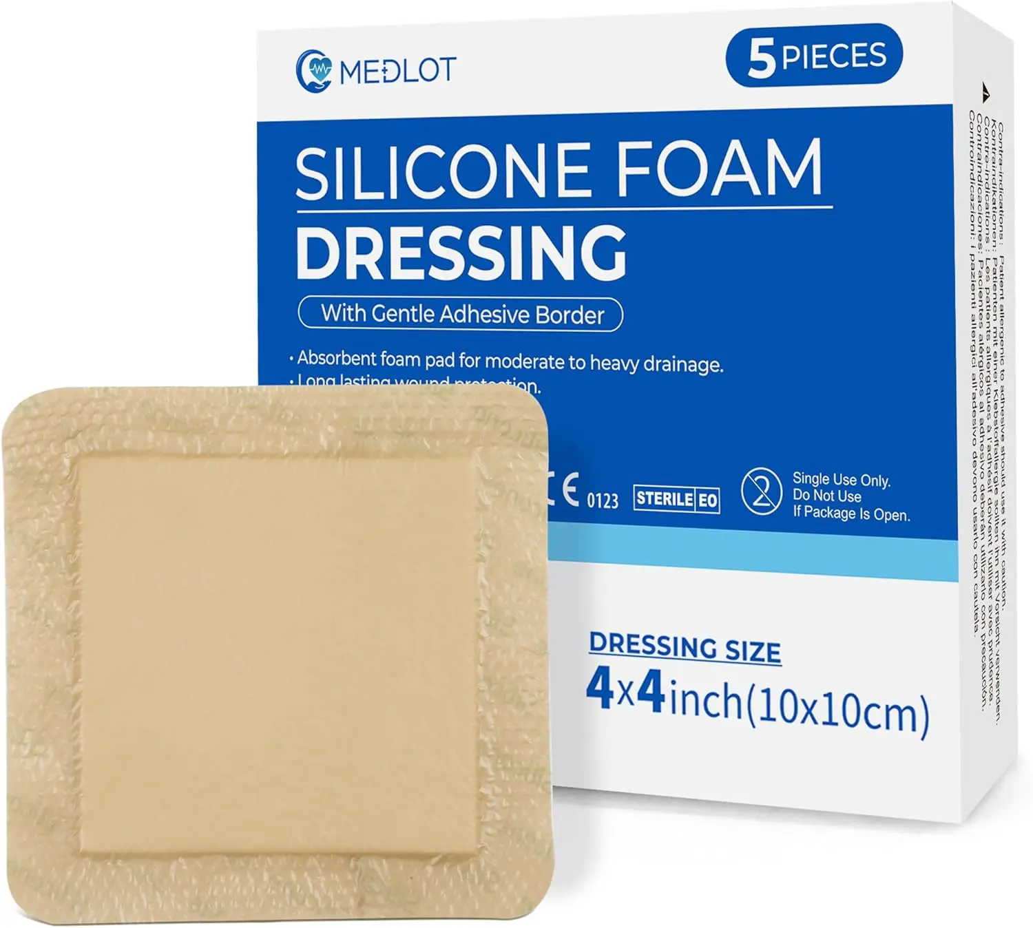 Silicone Foam Dressing with Border, 4"x 4" (2.5”x2.5” Pad), 5 Count, Sterile Adhesive Wound Dressing for Bed Sores, Leg Ulcers, Highly Absorbent, Waterproof Wound Care Bandage
