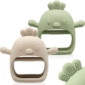 P-STT01  2 Packs Baby Teething Toy for 0-6 6-12 Months, Food Grade Silicone Teething Mitten, Anti Dropping Wrist Hand Teethers Baby Chew Toys for Sucking Needs, BPA Free (Green & Caramel)