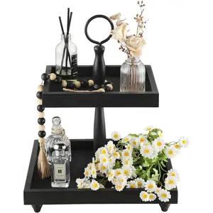 Tiered Tray Stand, Rustic Wooden 2 Tier Decorative Tray with Bead Garland, Farmhouse Square  Serving Tray Counter Centerpiece for Coffee Bar Home Decor Holiday Holloween Housewarming Gifts (Black)