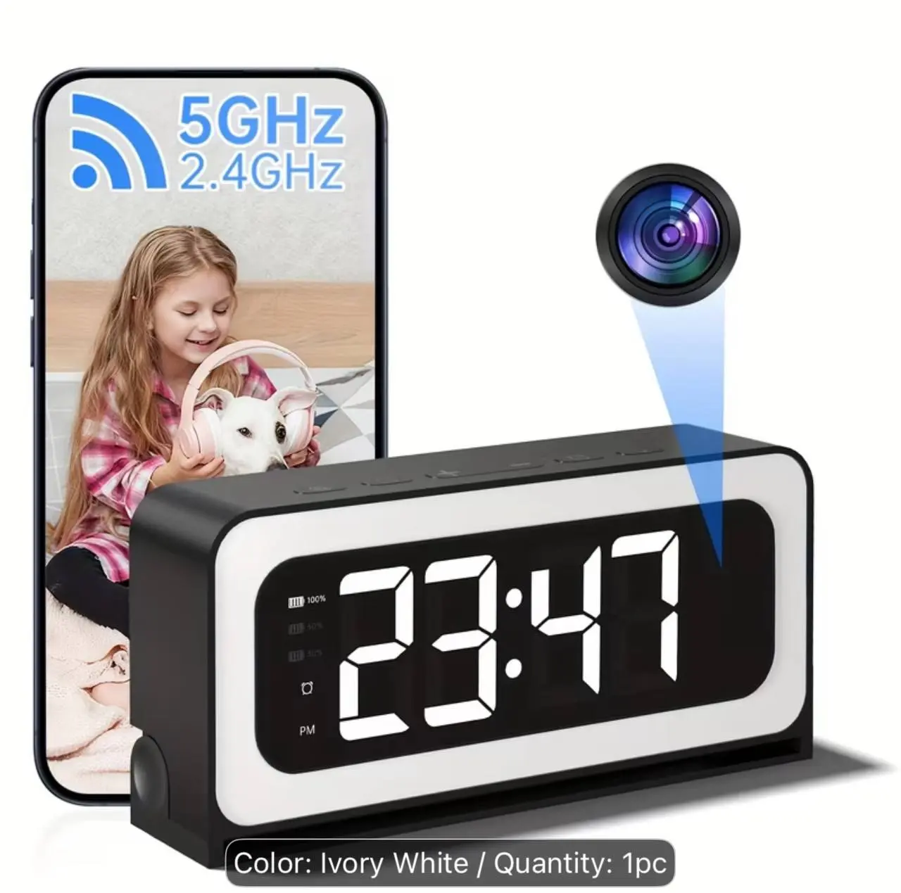 Modern 2K HD WiFi Security Camera Digital Clock for Home Use - Night Vision, Motion Detection